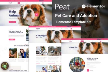 Peat – Template Kit Elementor para cuidados com animais de estimação e adoção